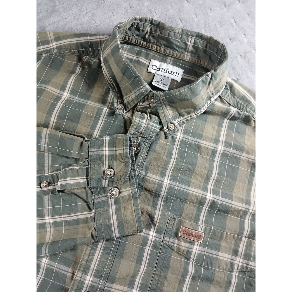 Carhartt Mens XL Green Plaid Long Sleeve Cotton Button Down Work Shirt